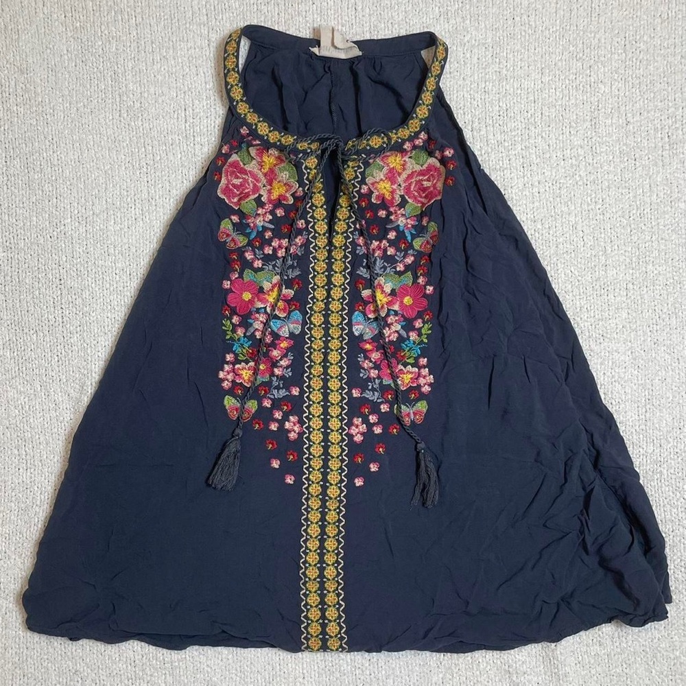 savanna jane 3x embroidered butterfly floral navy tank top with rope tie detail